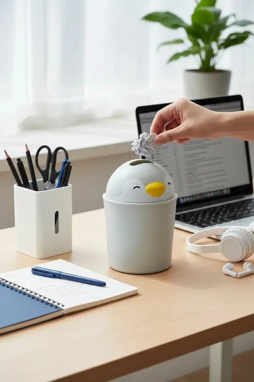 Miniso Lisanslı Mini Family Serisi Masaüstü Çöp Kovası Pen Pen – Mini Çöp Kovası