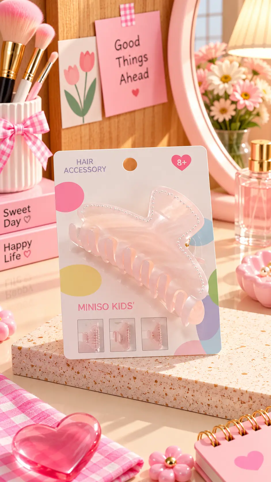 Miniso Lisanslı Pembe Işıltılı Kıskaç Toka - İnci Pembesi Parlak Yüzeyli PVC Saç Aksesuarı ve Güçlü Tutuşlu Toka