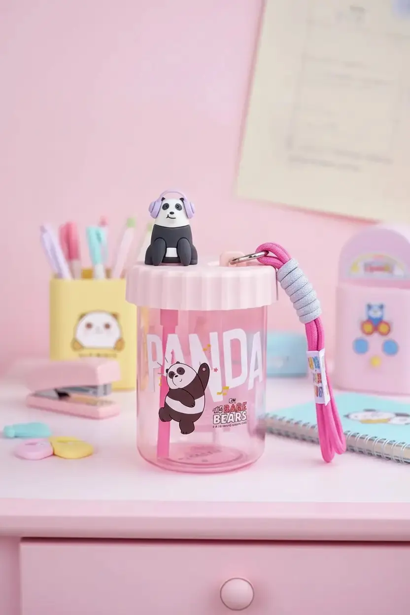 We Bare Bears Lisanslı Panda Askılı Plastik Şişe 520 ml – Pipetli ve Taşınabilir Tasarım