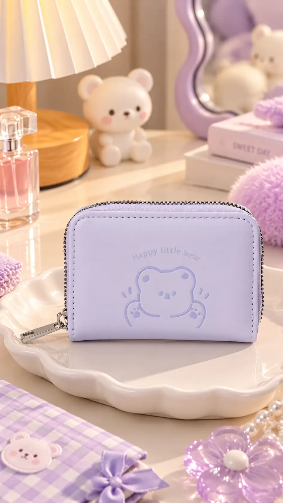 Miniso Lisanslı Little Bear Serisi Fermuarlı Mini Bozuk Para Çantası Mor 11 Cm