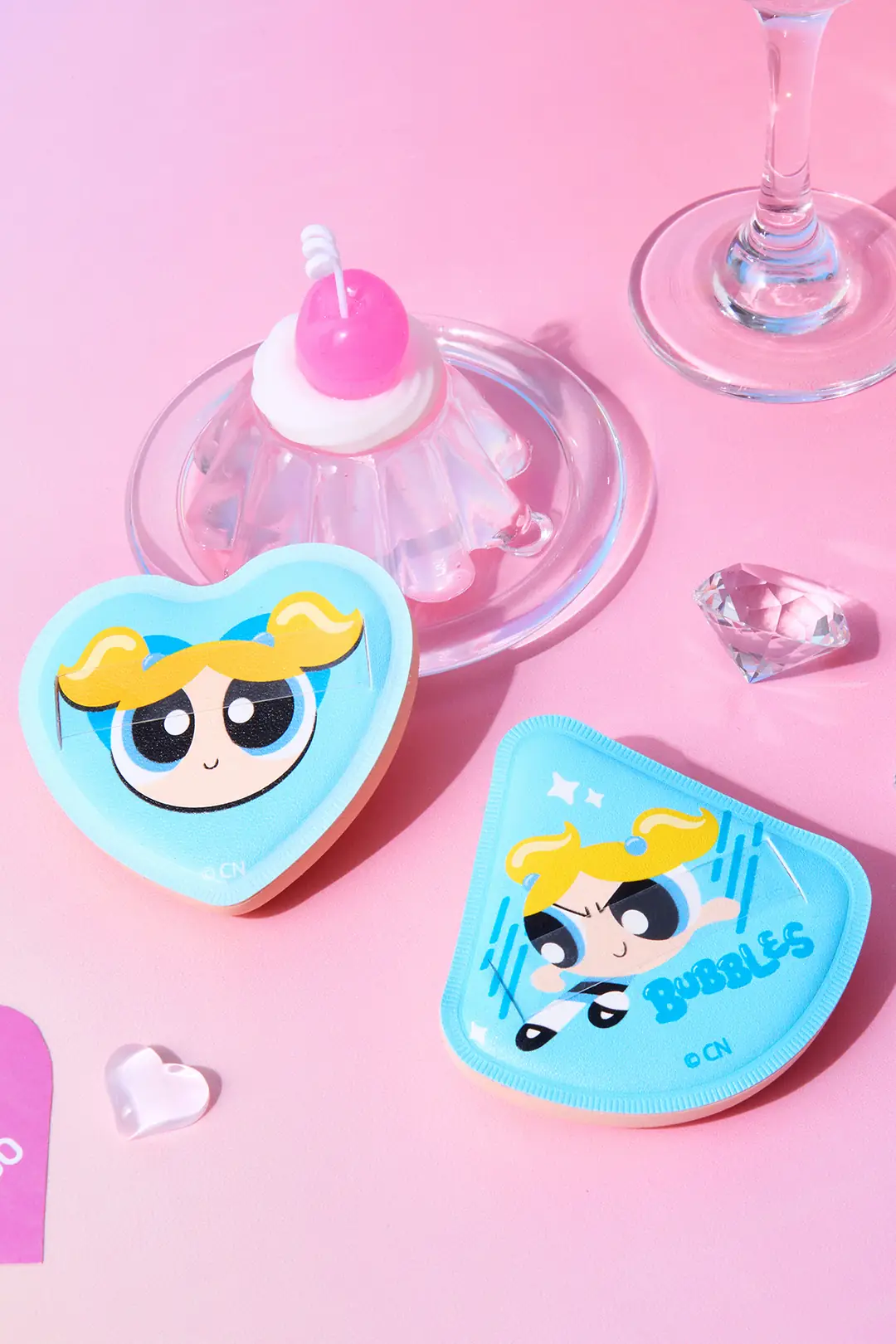Powerpuff Girls Lisanslı Bubbles Makyaj Puf Seti Kalp Şekilli Yumuşak 7,8 Cm