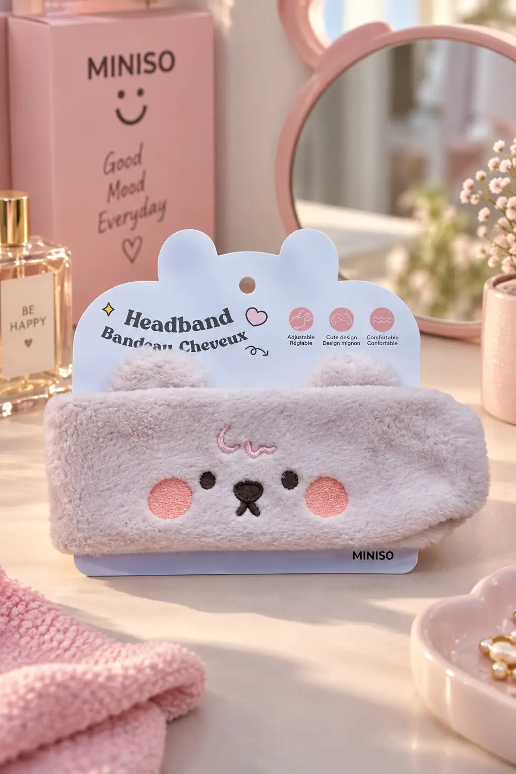 Miniso Lisanslı Hayvan Desenli Saç Bandı Pembe – Ayarlanabilir Tokalı 20 Cm