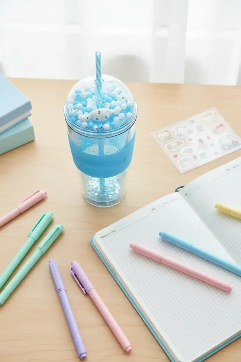 Sanrio Lisanslı Cinnamoroll Parti Serisi Pipetli Plastik Şişe – 600 ml Boncuklu Işıltılı Matara