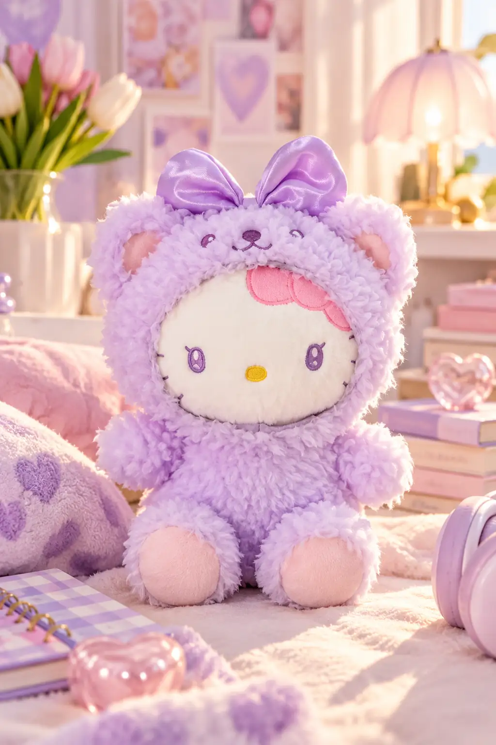Hello Kitty Lisanslı Oturan Peluş Oyuncak 25 cm – Mor, Yumuşak ve Koleksiyonluk