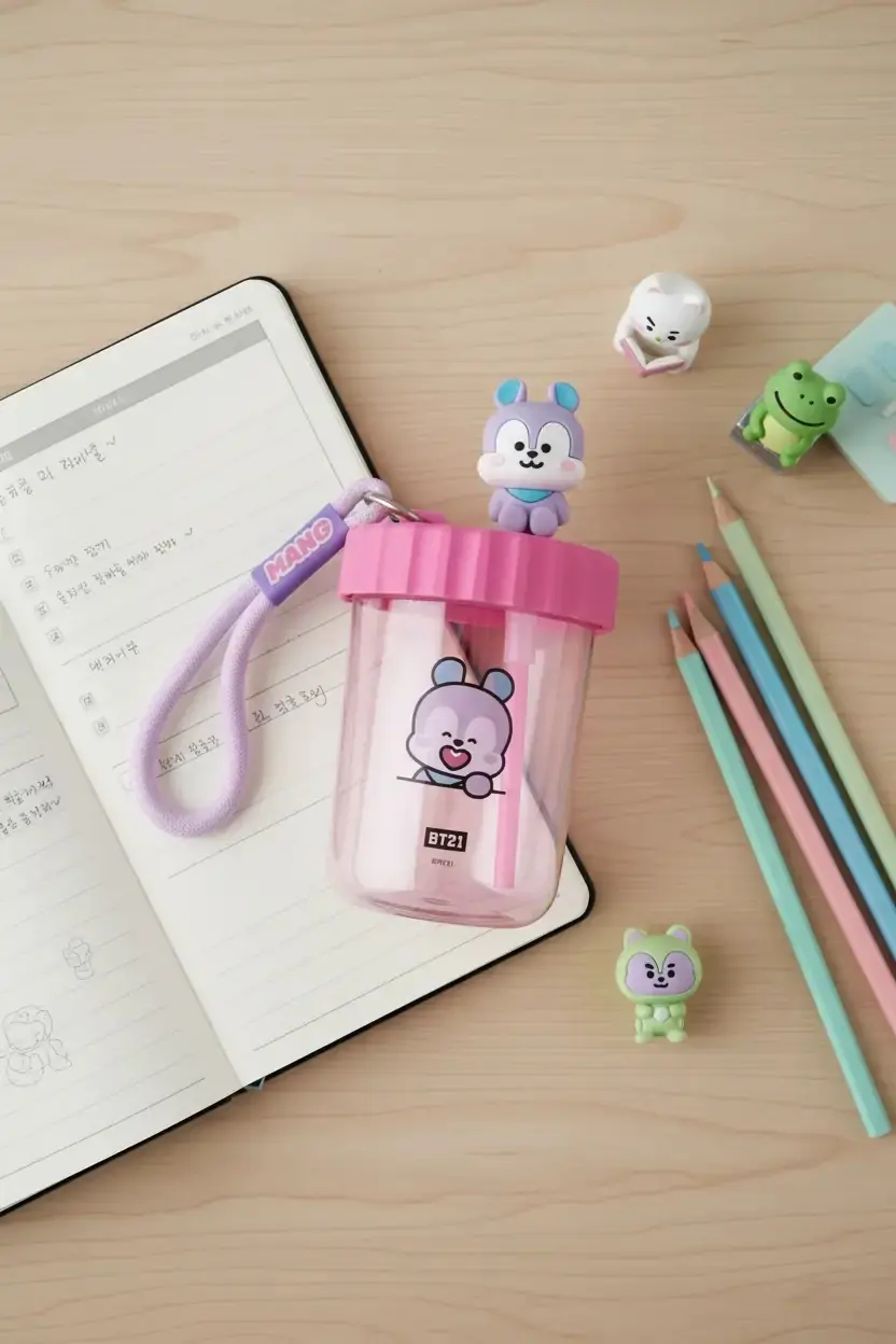 BT21 Lisanslı Süslemeli ve Askılı Plastik Şişe (520mL) - Mang