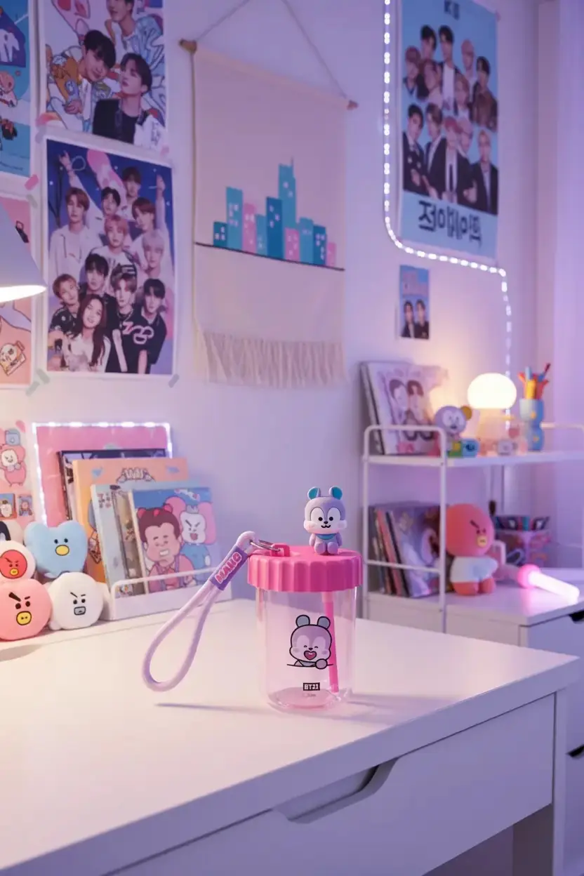 BT21 Lisanslı Süslemeli ve Askılı Plastik Şişe (520mL) - Mang