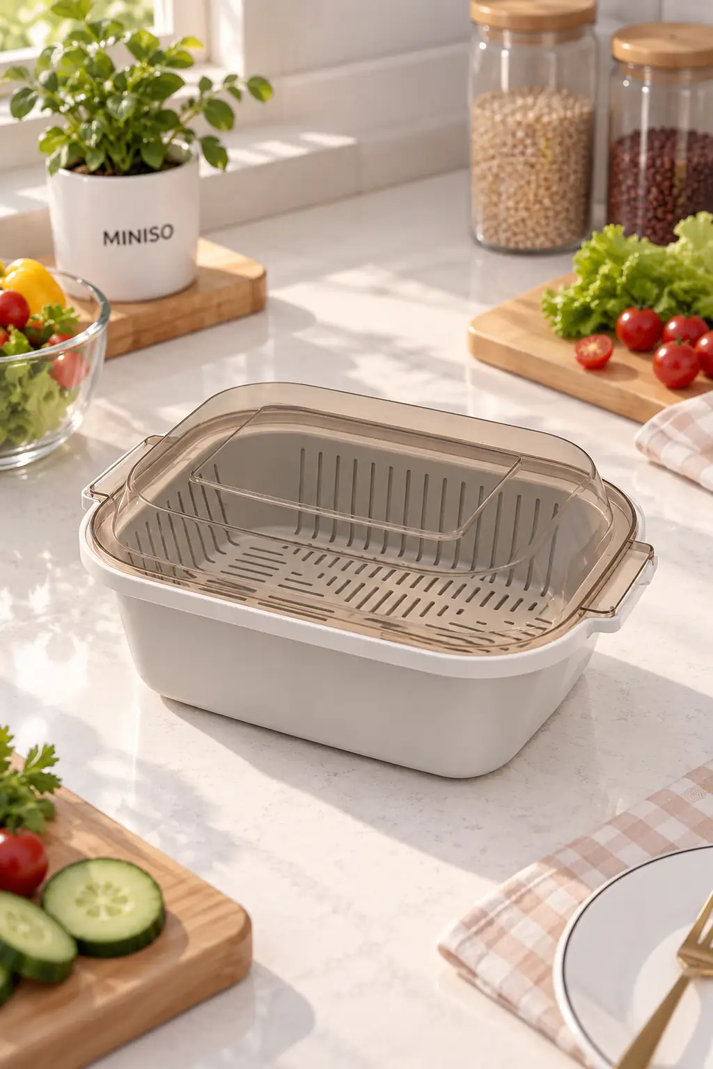 Miniso Lisanslı Klasik Seri Çok Amaçlı Süzgeçli Gıda Kabı 21,5 Cm – Açık Renk