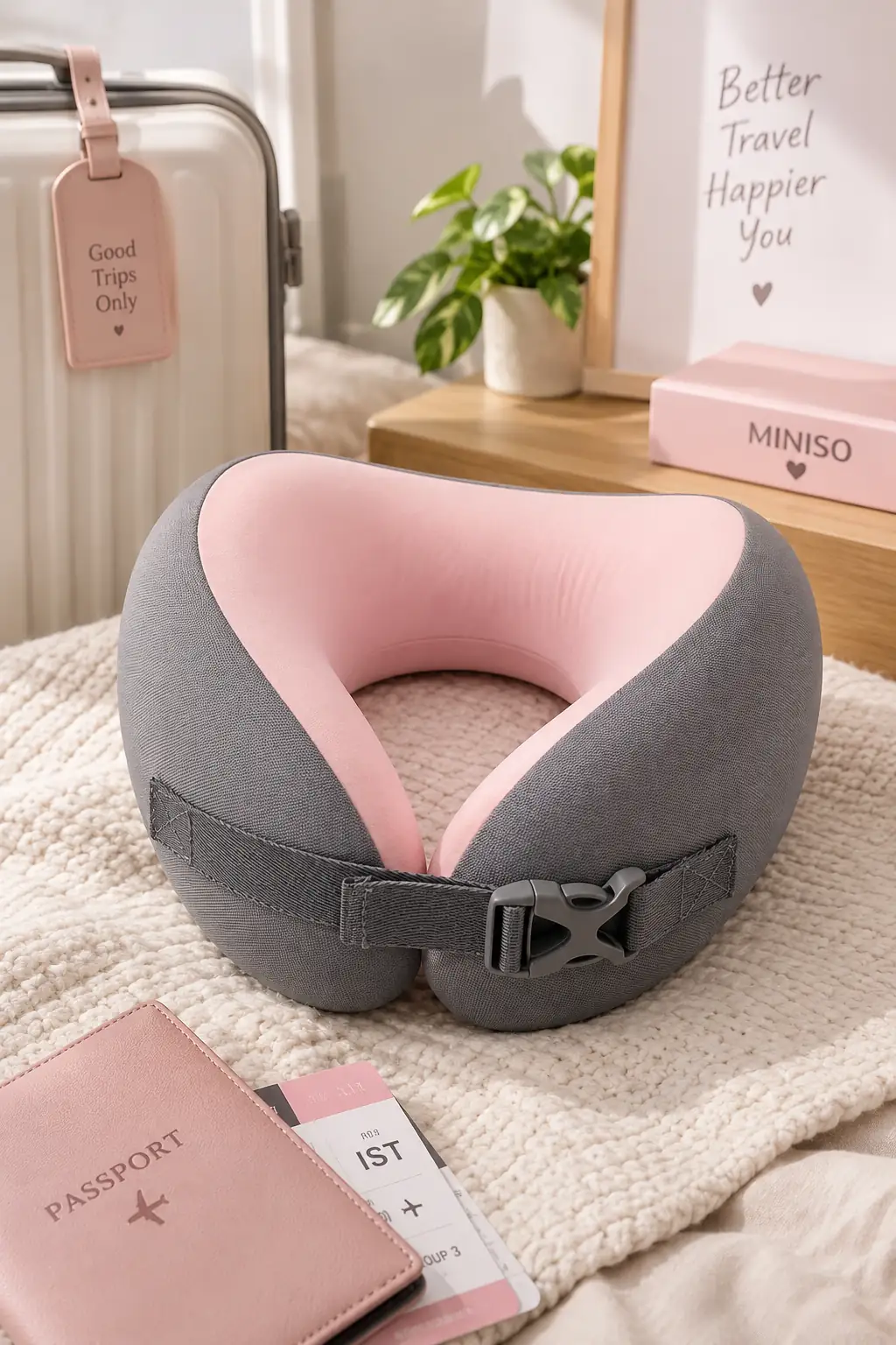 Miniso Lisanslı Hafızalı Sünger Boyun Yastığı Açık Pembe – Yıkanabilir Konforlu Tasarım