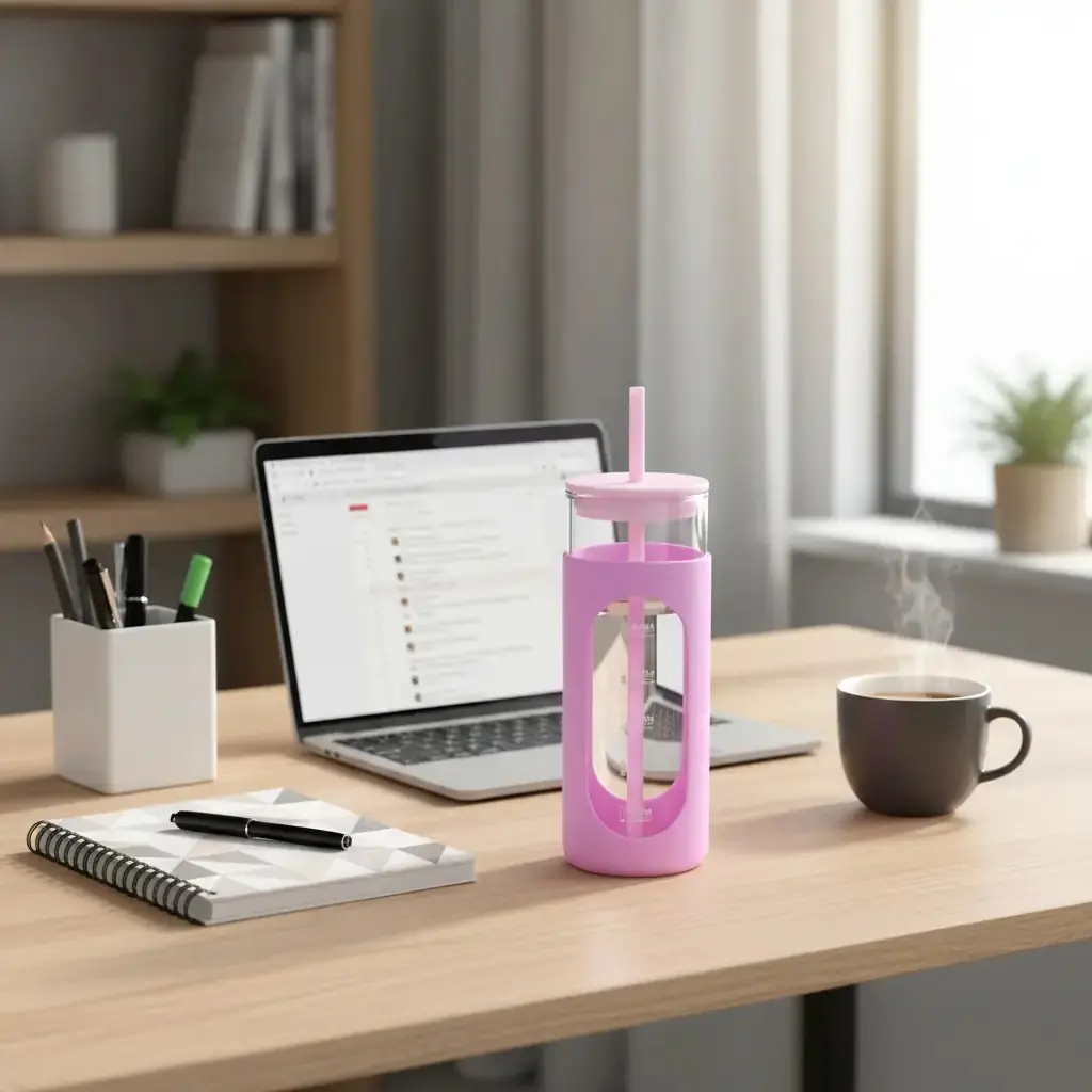 Miniso Lisanslı Silikon Kılıflı Pipetli Borosilikat Cam Şişe - Pembe (475 ml)