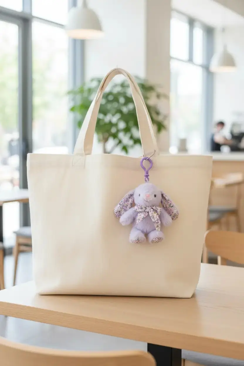 Miniso Lisanslı Fiyonklu Tavşan 6 İnç Peluş Askı Süsü Mor – Çiçek Desenli Model