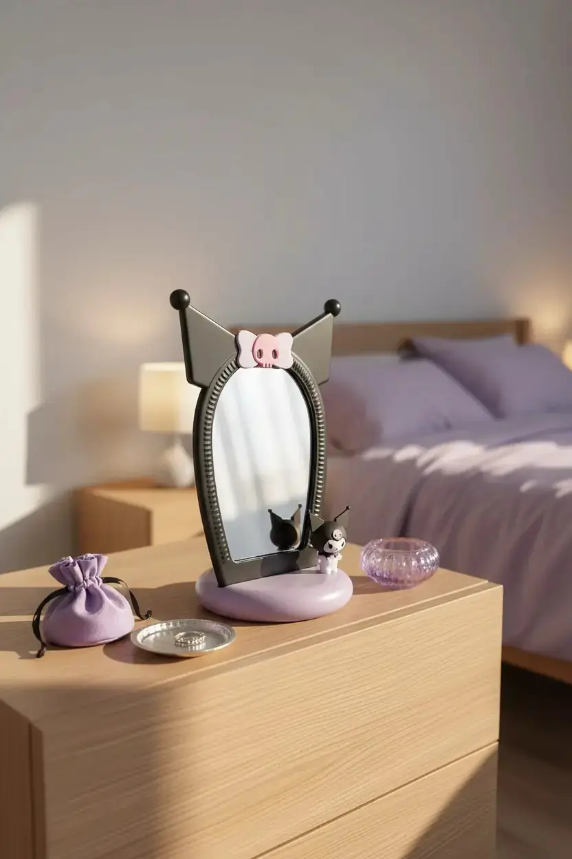 Sanrio Lisanslı Kuromi 3D Figürlü Masaüstü Makyaj Aynası – Dekoratif Tasarım