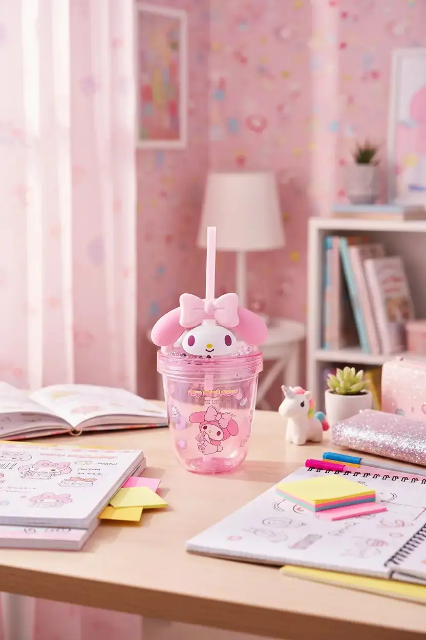 Sanrio Lisanslı My Melody Tatlı Fabrikası Serisi Fiyonk Detaylı Pipetli Su Şişesi 435 ml