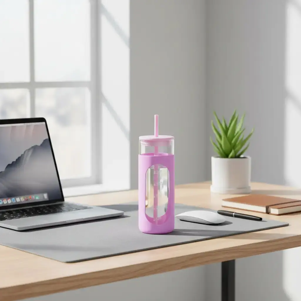Miniso Lisanslı Silikon Kılıflı Pipetli Borosilikat Cam Şişe - Pembe (475 ml)