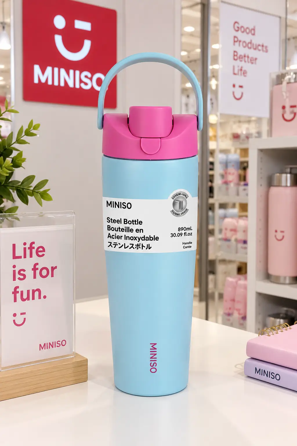 Miniso Lisanslı Pipetli Paslanmaz Çelik Bardak 890 Ml – Tutamaklı