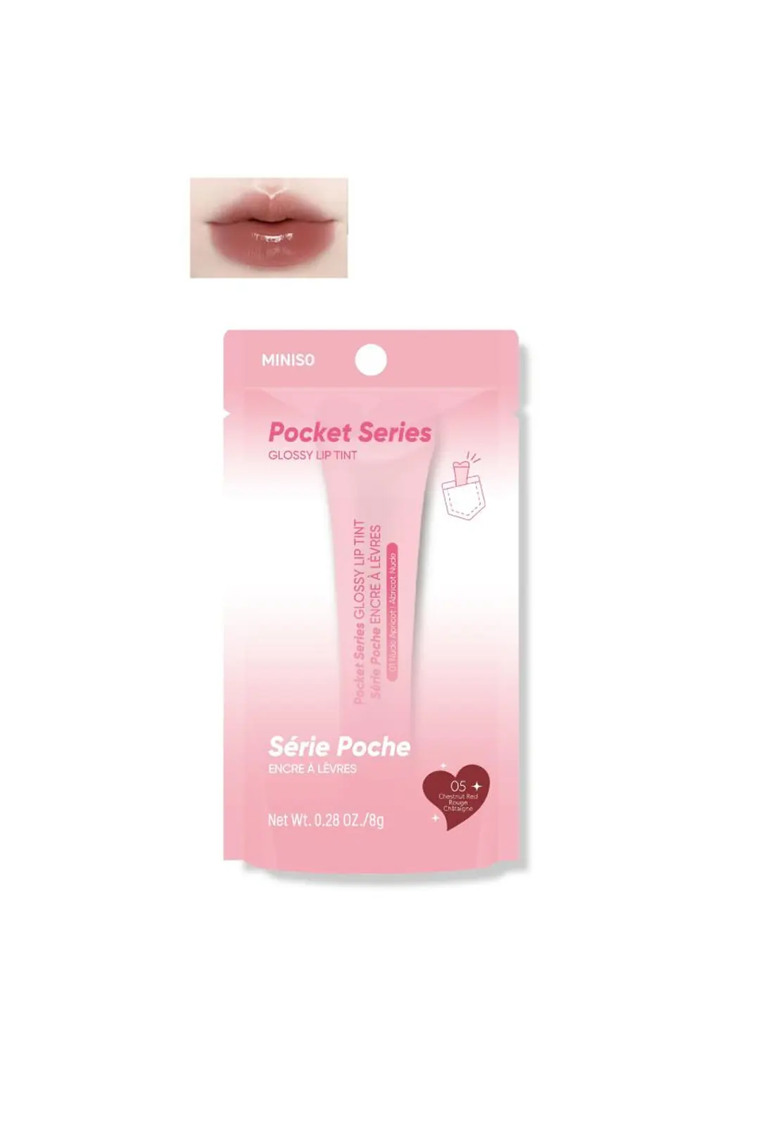 Miniso Lisanslı Pocket Serisi Parlak Lip Tint 05 Kestane Kırmızısı – Sıcak ve Işıltılı Görünüm