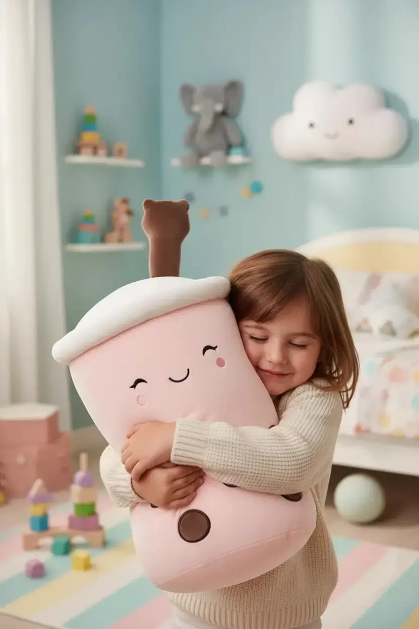 Miniso Lisanslı Sütlü Çay Peluş Yastık – Bubble Tea Tasarımlı Yumuşak Dekoratif Yastık Pembe 39 Cm