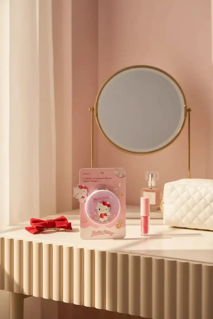 Sanrio Lisanslı Hello Kitty Katlanabilir Simli Sıvılı Ayna – 2X Büyütme
