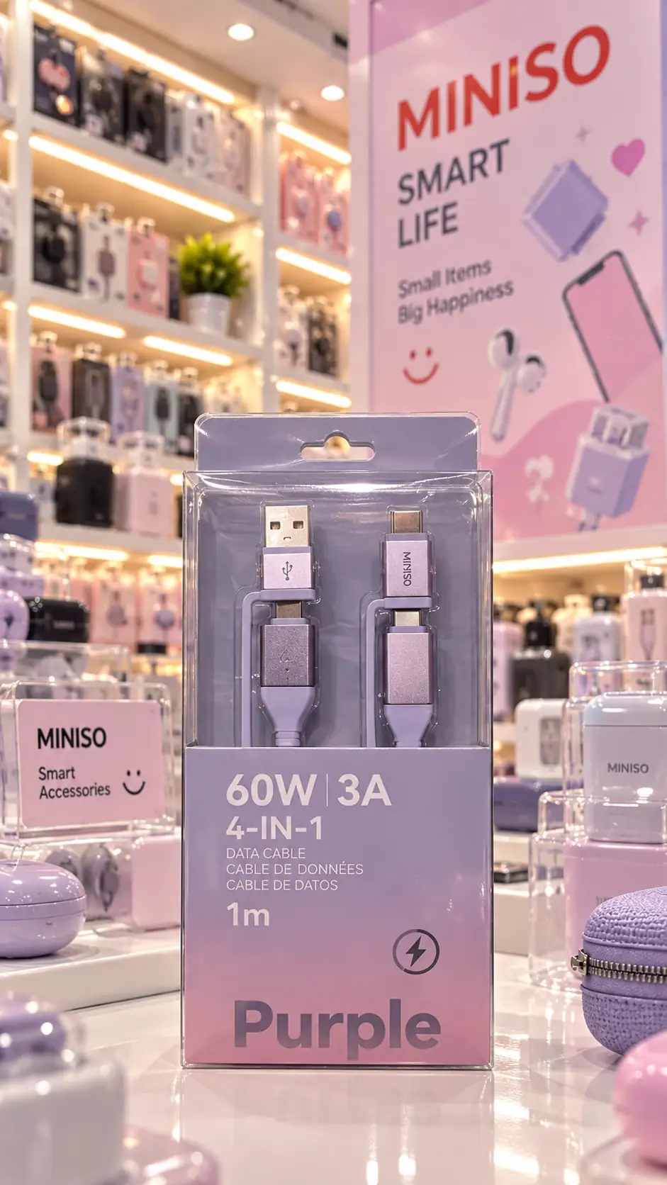 Miniso Lisanslı Macaron Serisi 4'ü 1 Arada Hızlı Şarj Veri Kablosu – 3A Mor