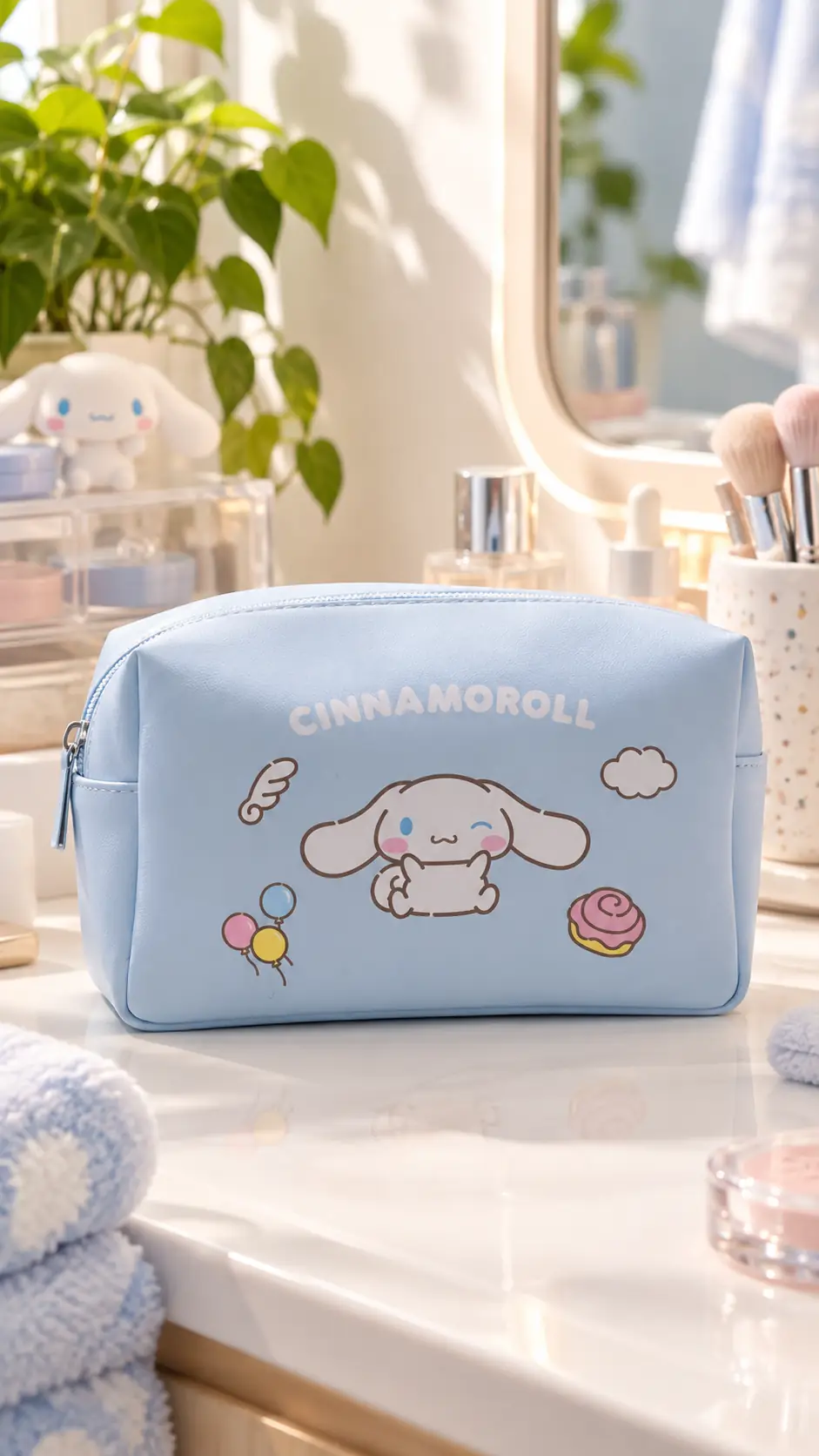 Cinnamoroll Lisanslı Büyük Kapasiteli Kozmetik Çantası 20 x 10 x 12 cm – Açık Mavi